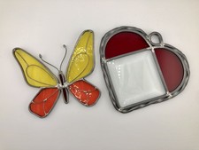 Vtg Stained Glass Heart  Butterfly Sun Catchers Window Hangings 5.5  
