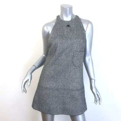 Courreges Tweed Logo-Embroidered Sleeveless Mini Dress Gray Wool-Blend Size 38