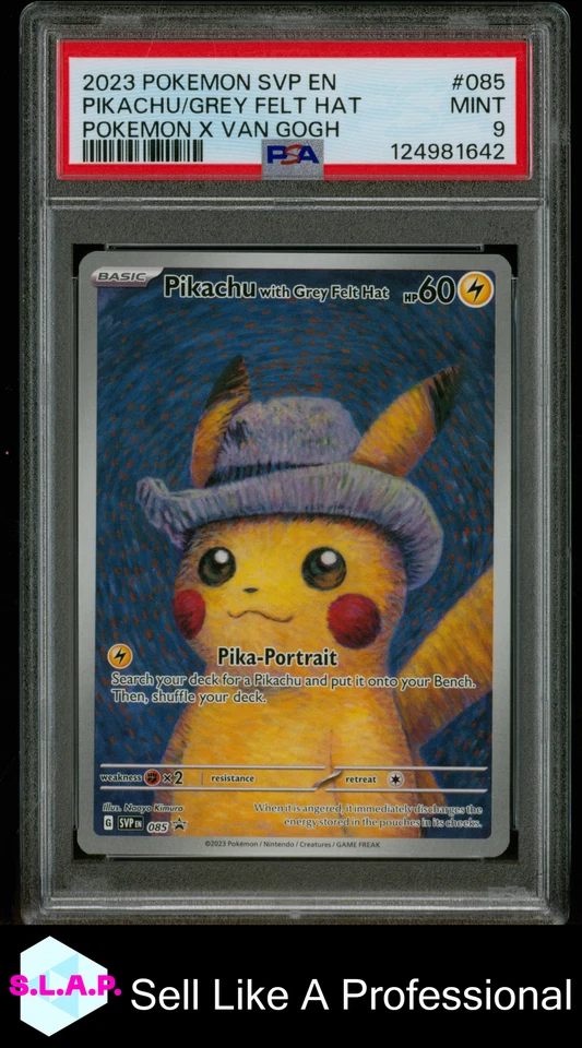PIKACHU/GREY FELT HAT POKEMON X VAN GOGH SVP EN-SV BLCK STR PRM 2023 085 PSA 9