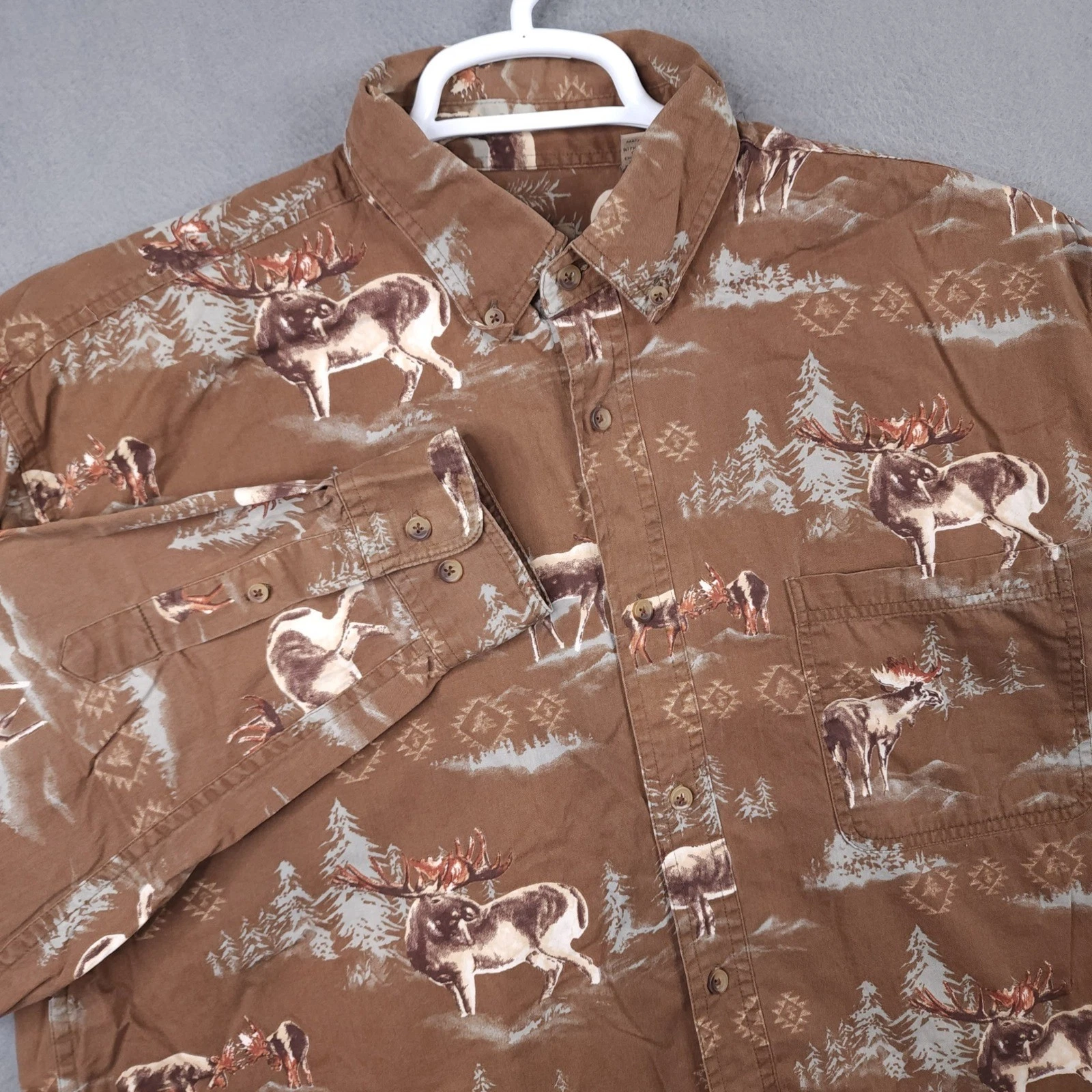 North River Mens Large Brown Moose Print Cotton Button Down Long Sleeve Shirt