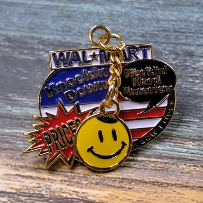 #ad Walmart Employee Pin Smiley Knockin Down Prices Workin Hard USA Wrecking Ball $16.99