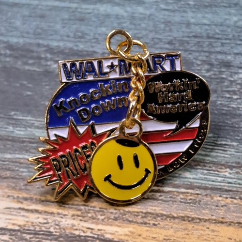 Walmart Employee Pin - Smiley Knockin Down Prices Workin Hard USA Wrecking Ball