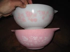 2 Vintage Pyrex Glass No 442 443 Pink Gooseberry Cinderella Mixing Nesting Bowls