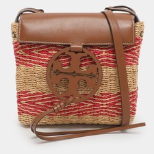 Borsa a tracolla Tory Burch Miller beige rosa in pelle e patta di paglia