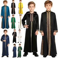 Boys Islamic Thobe Abaya Embroidered Traditional Dress Long Sleeve Ramadan Robe