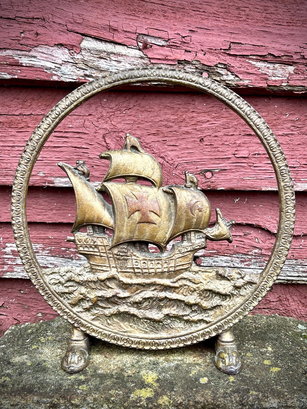 Antique Cast Iron Ship, Doorstop, Decorative Art Speaker Frame