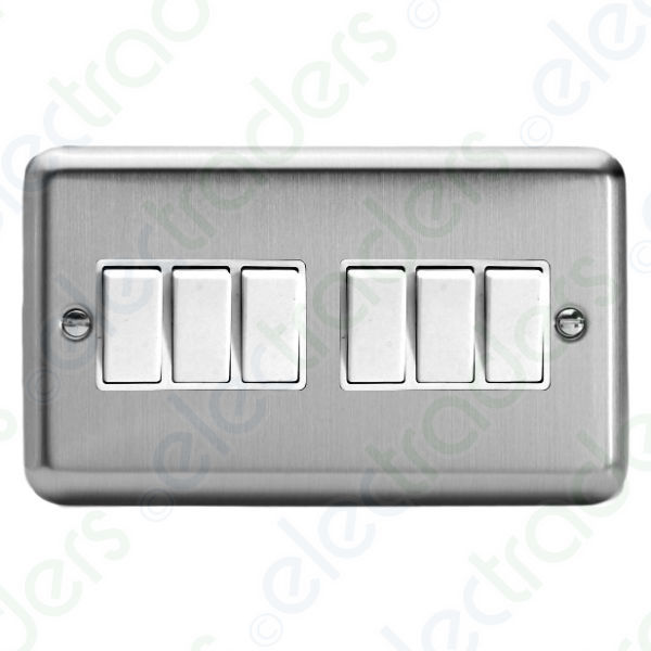 Varilight XS96W 6 Gang 2 Way 10amp Switch Twin plate Matt Chrome (White Inserts)