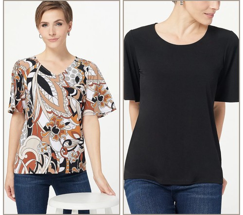 Susan Graver Set of Two Print & Solid Liquid Knit Tops Neutral/Black 4X A397785
