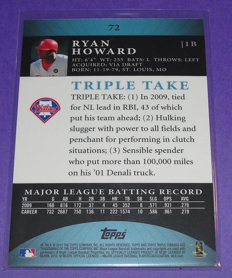 2010 Triple Threads RYAN HOWARD #72 Sapphire Variant/25 Philadelphia PHILLIES - Image 2 of 2