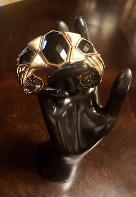 Vintage  Barse Ornate Black Onyx & Jasper Stones Brass Cuff Bracelet