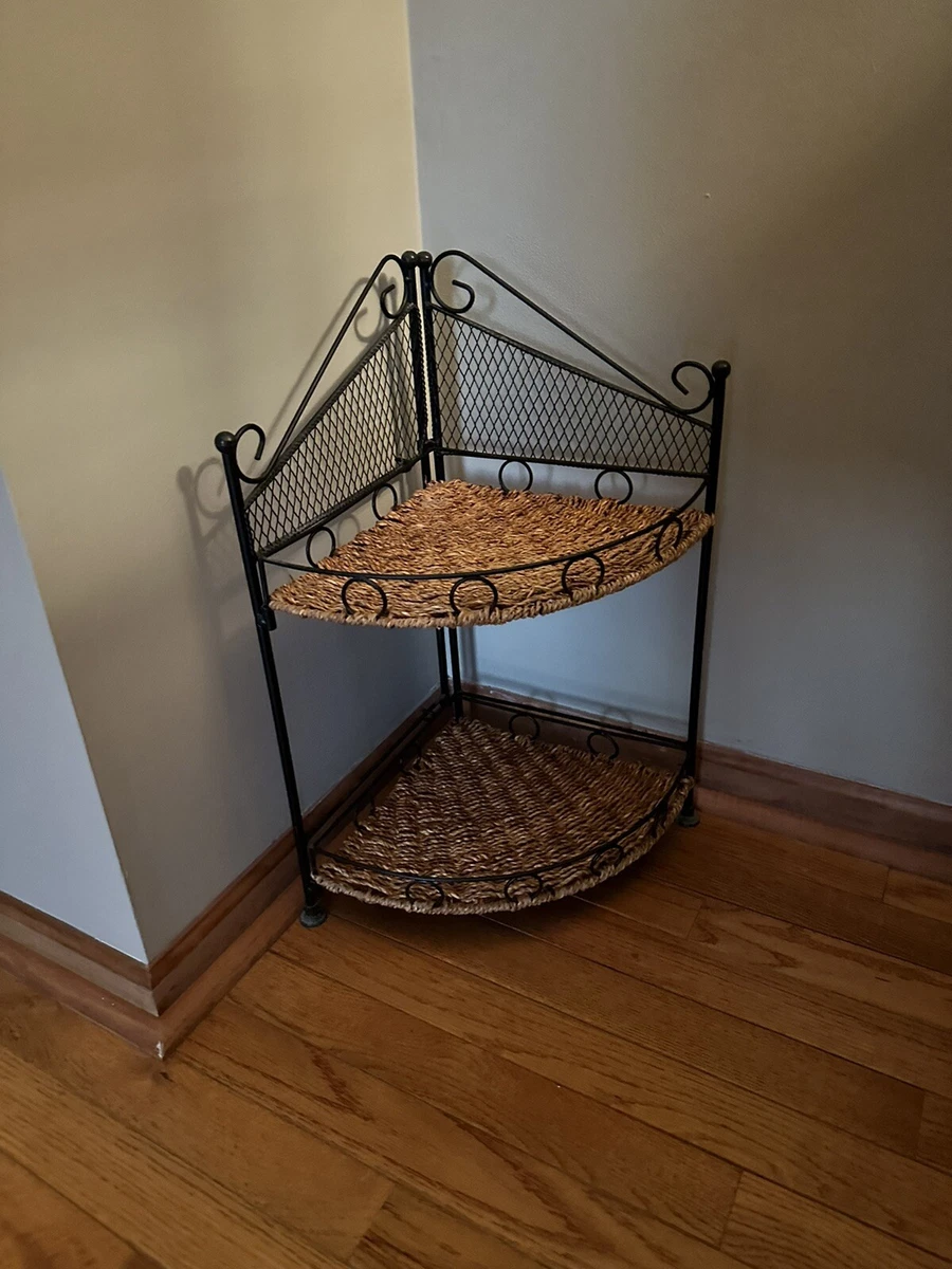 VTG Wicker Boho Rattan Corner Folding Shelf Plant Stand Rack