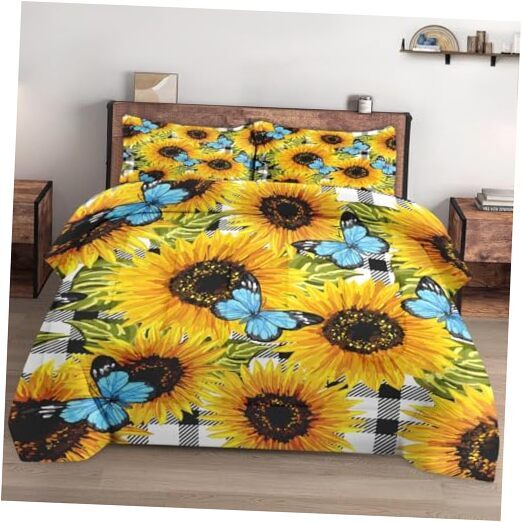 Size Comforter Set with 2 Pillowcases, Vintage Sunflower Blue Queen Multi 14