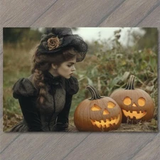 Art Print Victorian Woman with Jack-O’-Lanterns Pumpkins Halloween Vintage Style