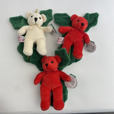 Mary Meyer Plush Christmas Small Teddy Bears Lot Of 3 Holly Ornaments Mistletoe