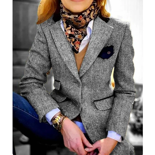 NEU Damen Jacke Fischgrät Blazer Einreiher Pattentasche Anzüge maßgeschneidert - Bild 5 von 30