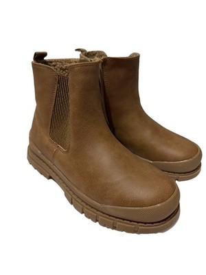 Primark Boys Brown Chelsea Boots Youth Size 2 Faux Leather Fleece Lined Side Zip