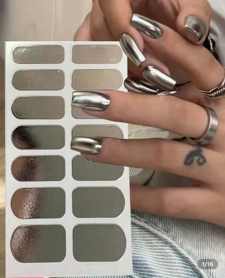 NAIL ART FULL GEL NAIL STICKERS WRAPS PEEL AND STICK CHRISTMAS CHROME SILVER