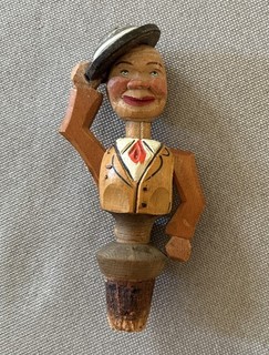 Vintage Mechanical BottleStopper Wooden CorkCarved Man Folk Art AnriWood 6"