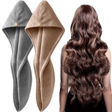 2 Pack Microfiber Hair Towel Wrap, Thick, Absorbent, Quick Dry, Turban, Button