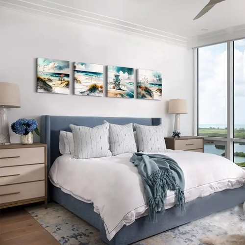 4pcs Teal Blue Beach Scenery Wall Art Canvas Unframed/Framed - Picture 4 of 9