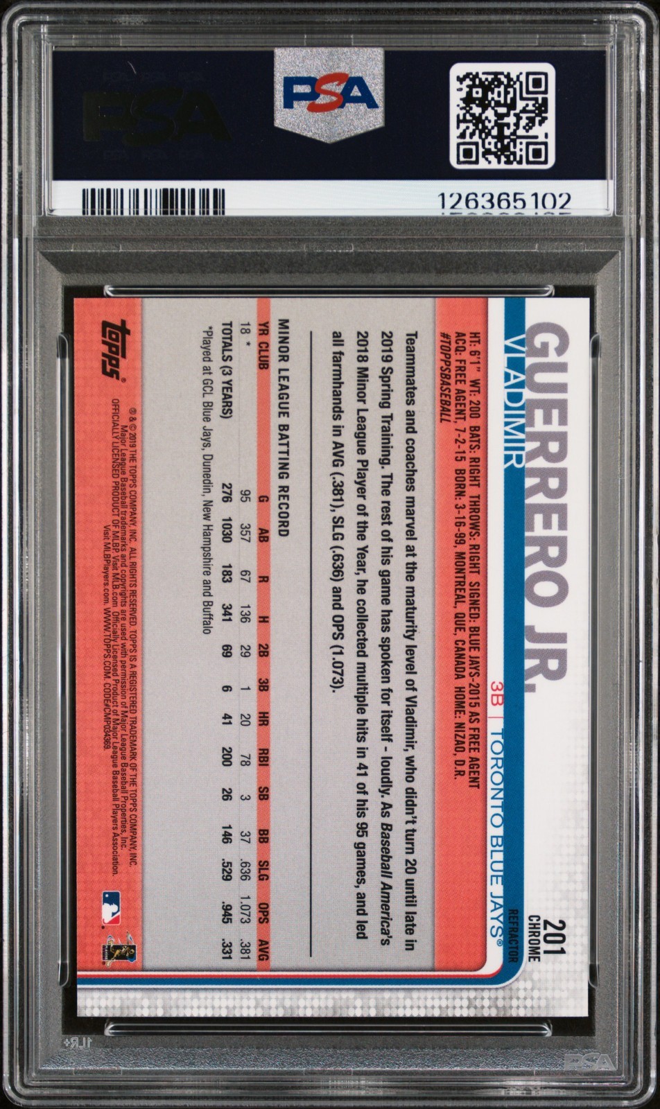 2019 Topps Chrome VLADIMIR GUERRERO JR Rookie RC Blue Jays #201 Pink PSA 10 view 2