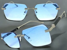 Classy Elegant Modern Sophisticated SUNGLASSES Rimless Silver Frame Blue Lens