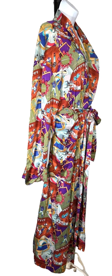 Roupão longo Nicole Miller 100% seda tema futebol anos 90 vintage tamanho grande bolsos com cinto - Imagem 2 de 4
