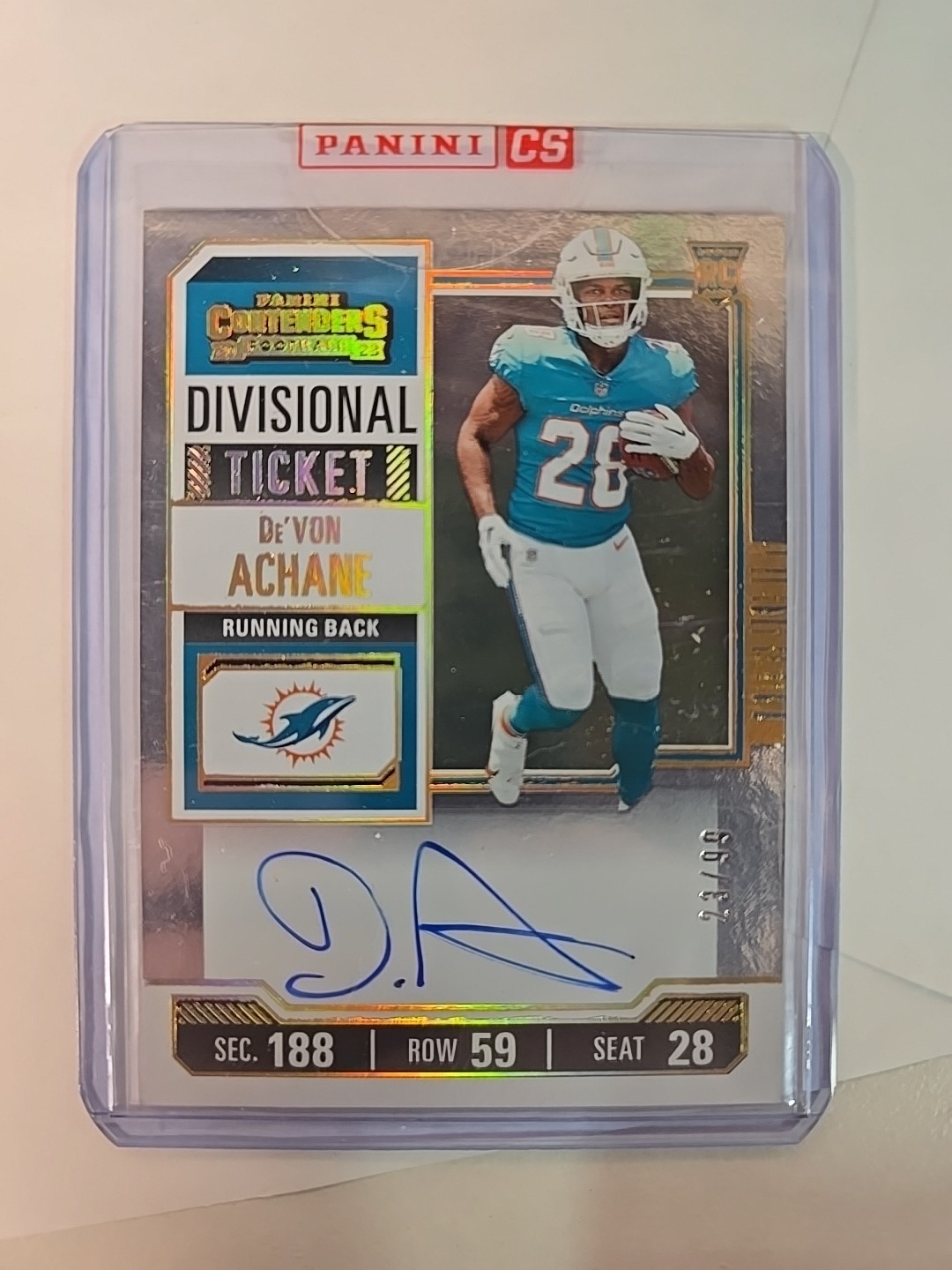 2023 Contenders Divisional Ticket RPS De'Von Achane RC Auto /99 Redemption 