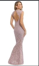 NW Nightway Embroidered Lace Sequin Formal Gown Long Dress High Neck Backless 10
