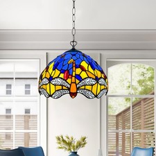 Image of Blue Dragonfly Tiffany Pendant Light 10" – Multicolor Art Glass Ceiling Lamp