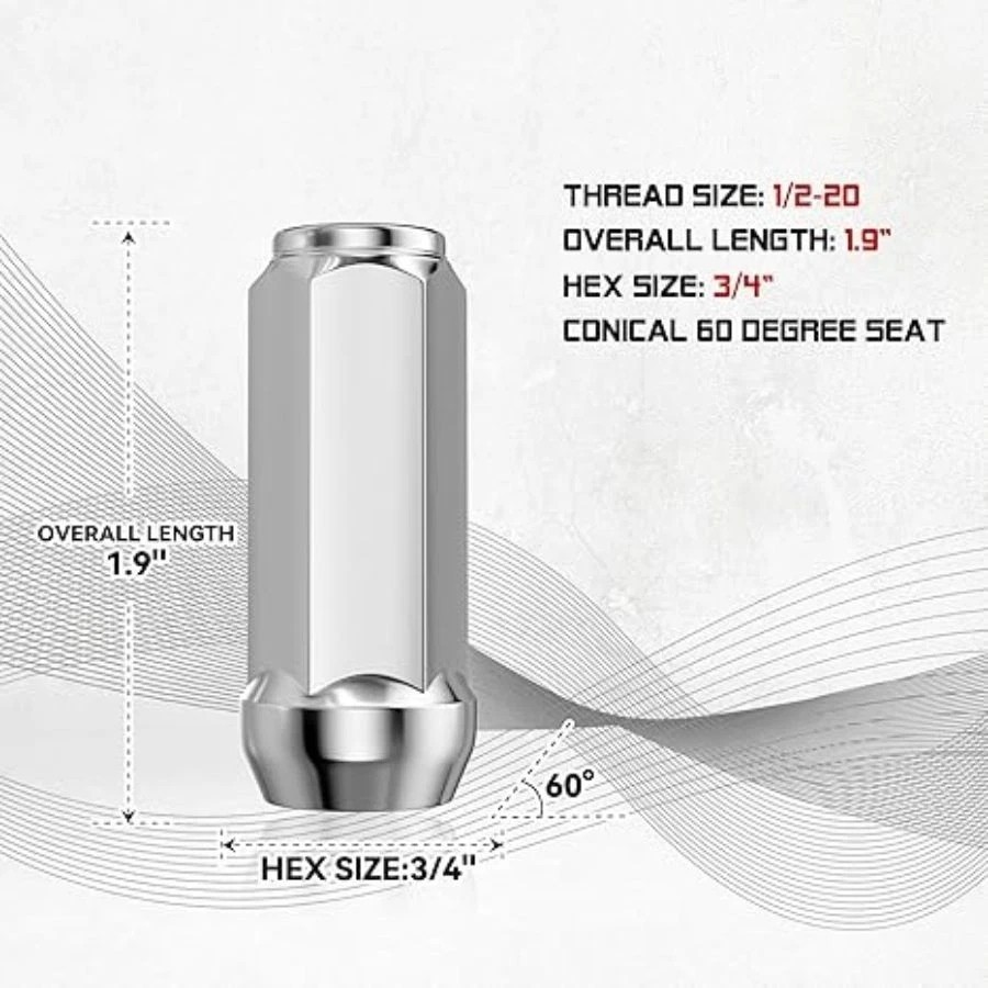 20PCS 1/2-20 Chrome Closed End Bulge Acorn Lug Nuts 1.89 inch - Cone -1.89 inch