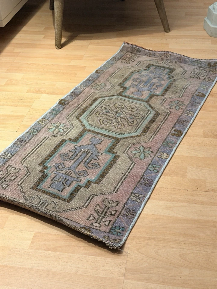 Alfombra de lana hecha a mano turca pequeña corredor alfombra felpudo alfombra rústica granja Foto 4 de 4