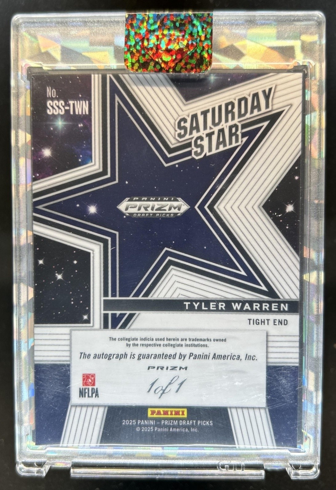 2025 Prizm Draft Tyler Warren Saturday Star Signatures RC Gold Vinyl Auto #1/1 view 2