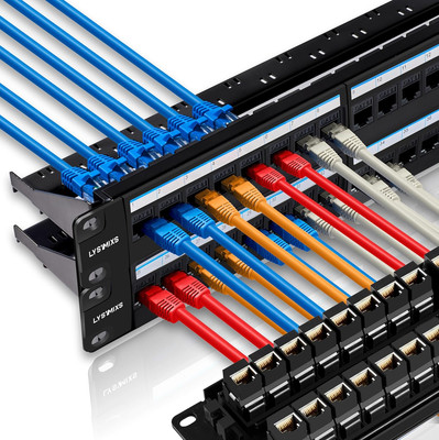 48 Port RJ45 Cat6 Patch Panel, 19 Inch, Black, Easy Install & Repair, Gold Plate
