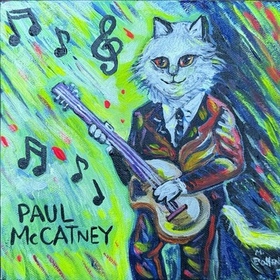 Paul McCATney Original One Of A Kind Painting By MBollen Guitar Fab Four Cats
