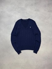 Polo Ralph Lauren Sport Old Money Style Cable Knit Sweater V-neck Navy Blue Sz S
