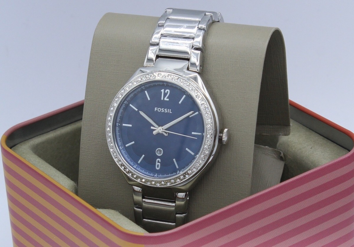 NEW AUTHENTIC FOSSIL ASHTYN CRYSTALS SILVER BLUE MOP WOMEN'S
