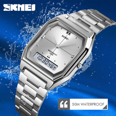 DUAL TIME Analog Digital Quarz 5Bar Wasserdicht Edelstahl HERREN ARMBANDUHR