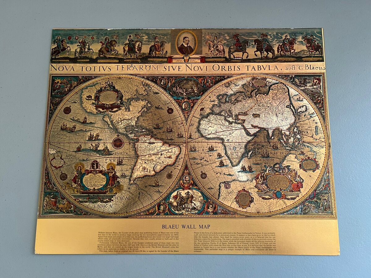Vintage Unframed Gold Foil Blaeu Wall Map of Old and New Vintage Unframed Gold Foil Blaeu Wall Map of Old and New