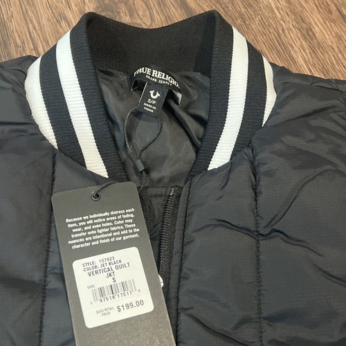 True Religion Jet Black Vertical Quilt Shell Jacket Logo Coat Men's Size S - Picture 6 of 10