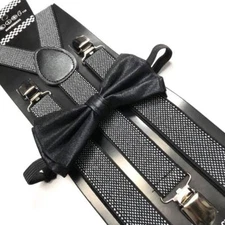 Metallic Black Bow Tie Pattern Suspender Set Tuxedo Wedding Formal Accessories 