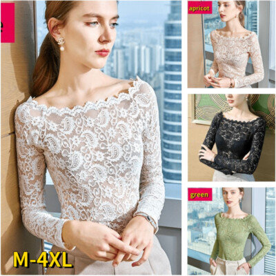 Women Lace Sheer Floral Shirts Tops T-shirts Long Sleeve Slim Basic Blouse