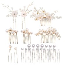 26 Pack Gold Flower Pearl Wedding Bridal Hair Side Combs U Shaped Hair Pins C...