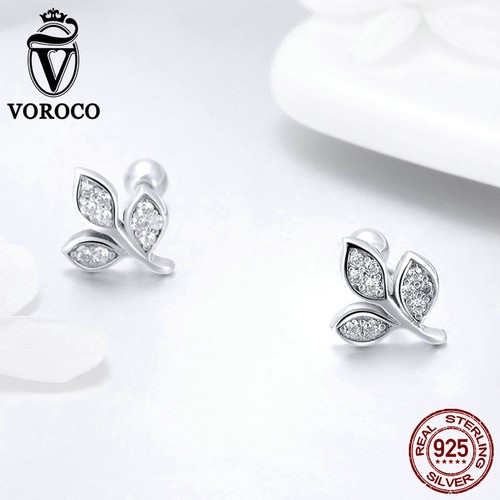 Voroco 925 Sterling Silver Stud Earrings Spiritual Leaves Crystal Women Jewelry - Picture 3 of 6