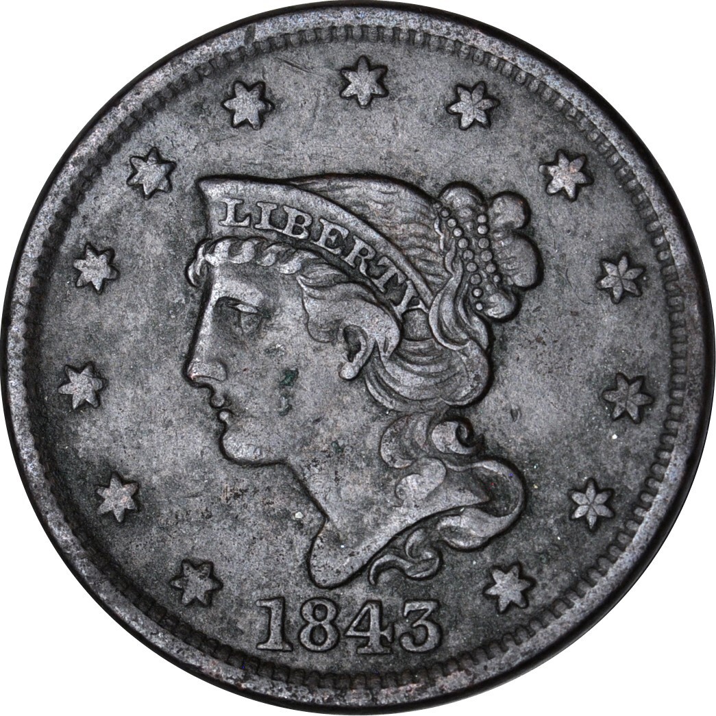 1843 1C Sm. Letters Petite Head N-2 Braided Hair Large Cent VF