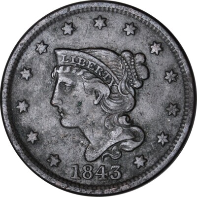 1843 1C Sm. Letters Petite Head N-2 Braided Hair Large Cent VF