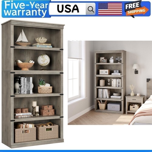 71" 5 Tier Bookcase Farmhouse Book Shelf with Storage Open Display Bookshelves