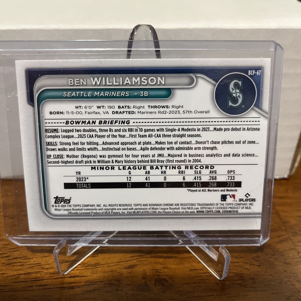 2024 Bowman Chrome Prospects Aqua Shimmer Refractor Ben Williamson