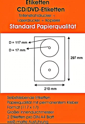 100 CD DVD Etiketten Label Aufkleber weiß 117/17 + Software Download 117 17 mm