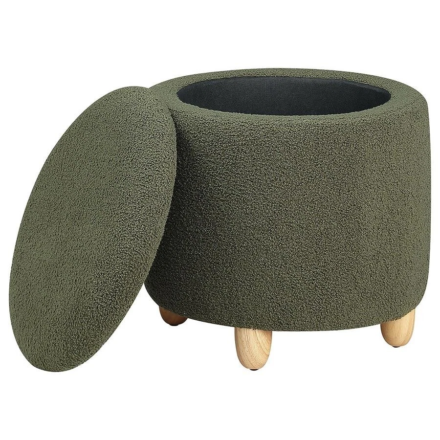 Valia Faux Sheepskin Upholstered Round Storage Ottoman Green - Image 2 of 4